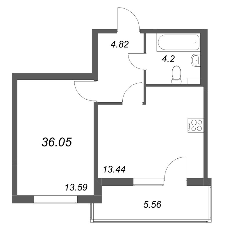 1-комнатная квартира, 36.05 м² в ЖК "Любоград" - планировка, фото №1