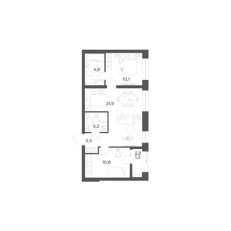 3-комнатная (Евро) квартира, 54.44 м² в ЖК "Новый Питер" - планировка, фото №1