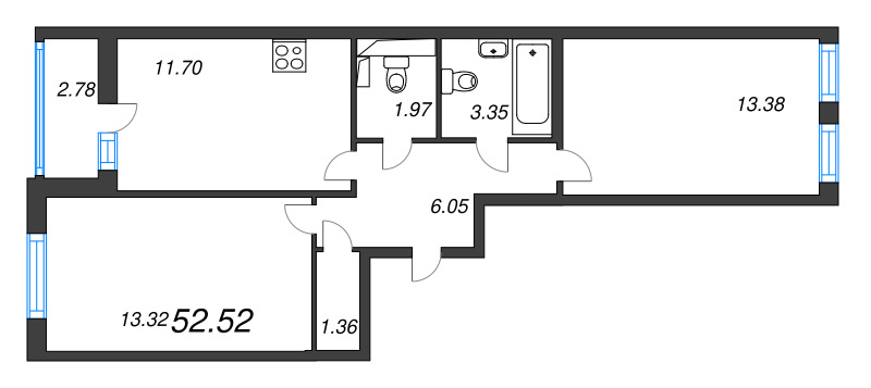 2-комнатная квартира, 52.52 м² - планировка, фото №1