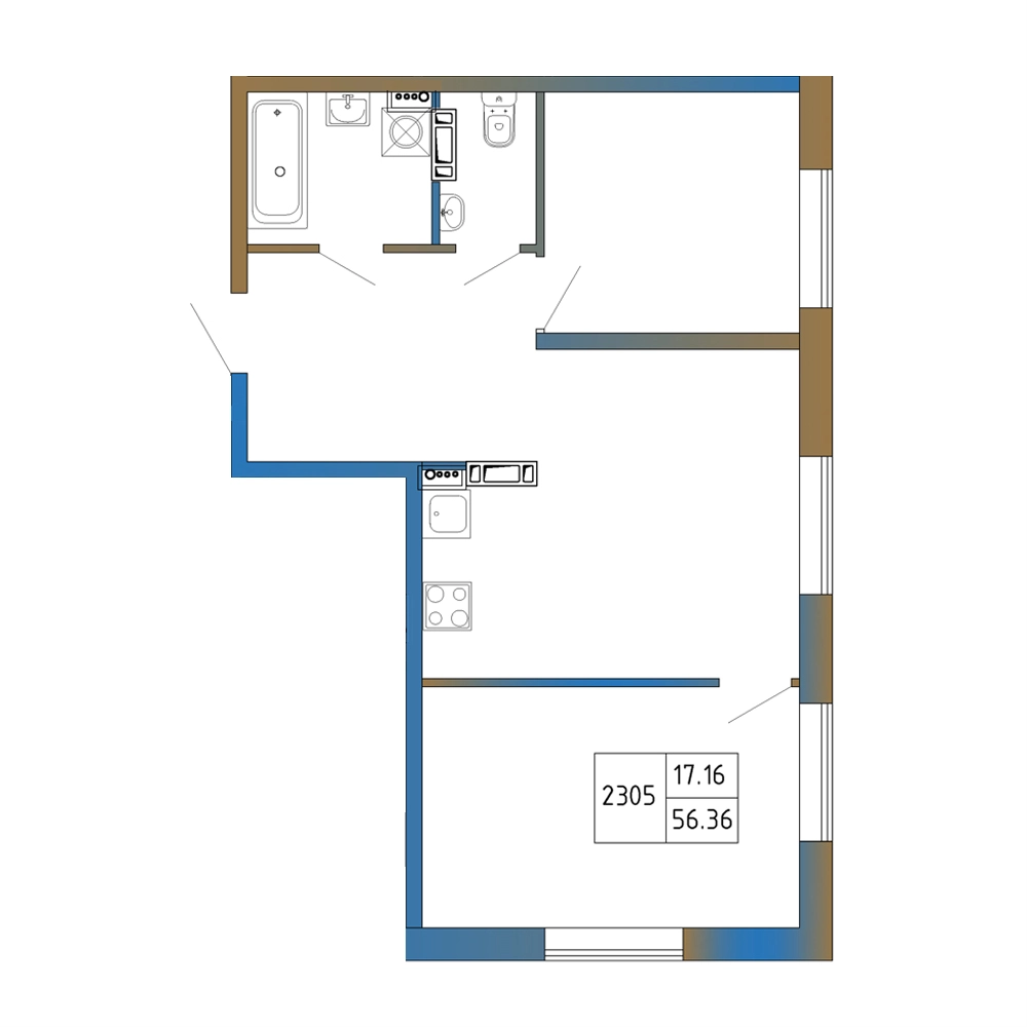 3-комнатная (Евро) квартира, 56.36 м² в ЖК "Атмосфера Выборга" - планировка, фото №1