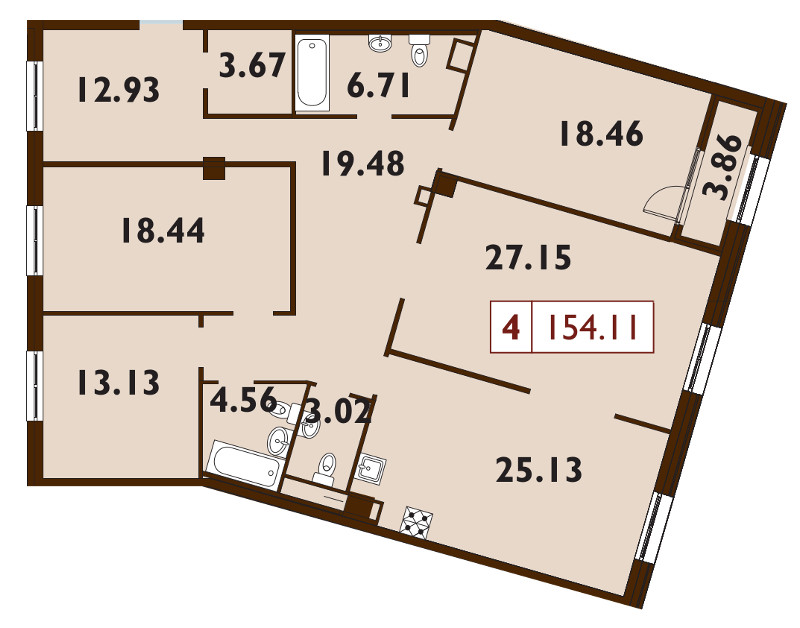 5-комнатная (Евро) квартира, 154.6 м² - планировка, фото №1