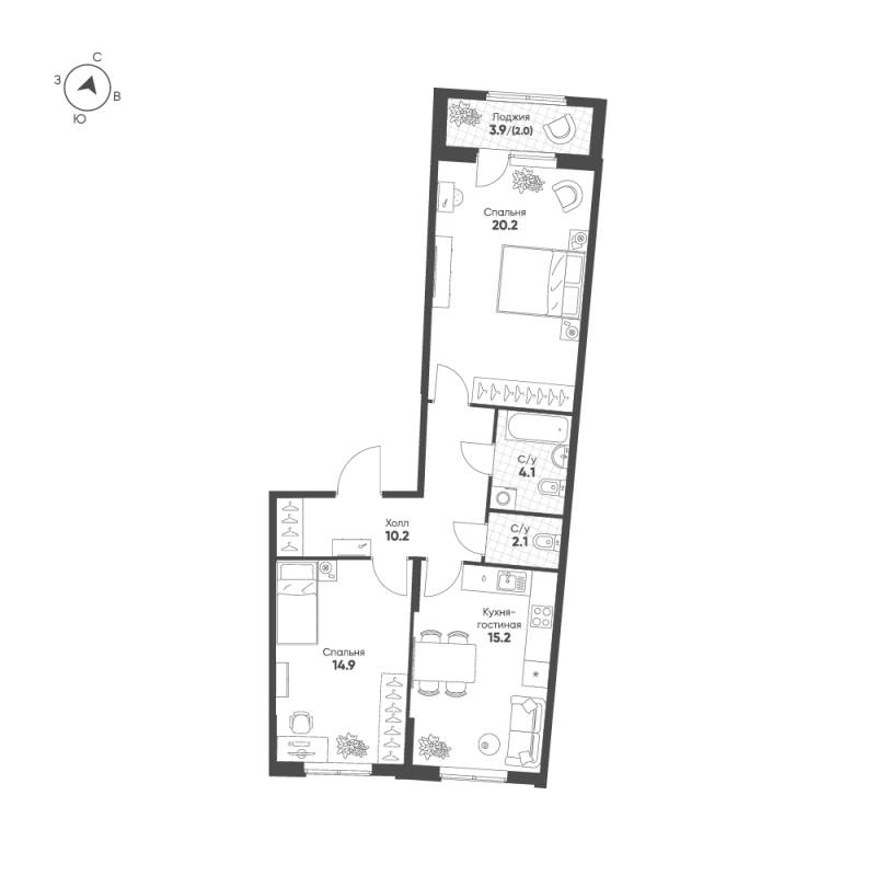 3-комнатная (Евро) квартира, 68.7 м² в ЖК "Ягодное Река Парк" - планировка, фото №1