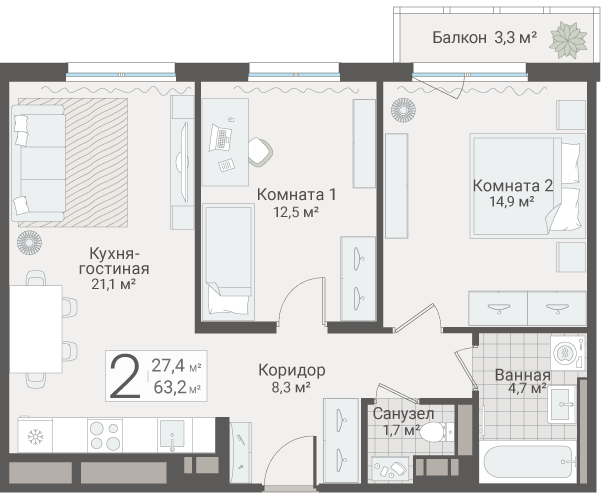 3-комнатная (Евро) квартира, 63.2 м² в ЖК "Руднева 15" - планировка, фото №1