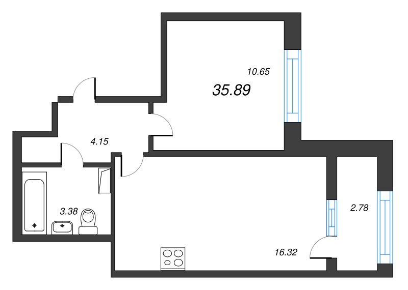 2-комнатная (Евро) квартира, 35.89 м² - планировка, фото №1
