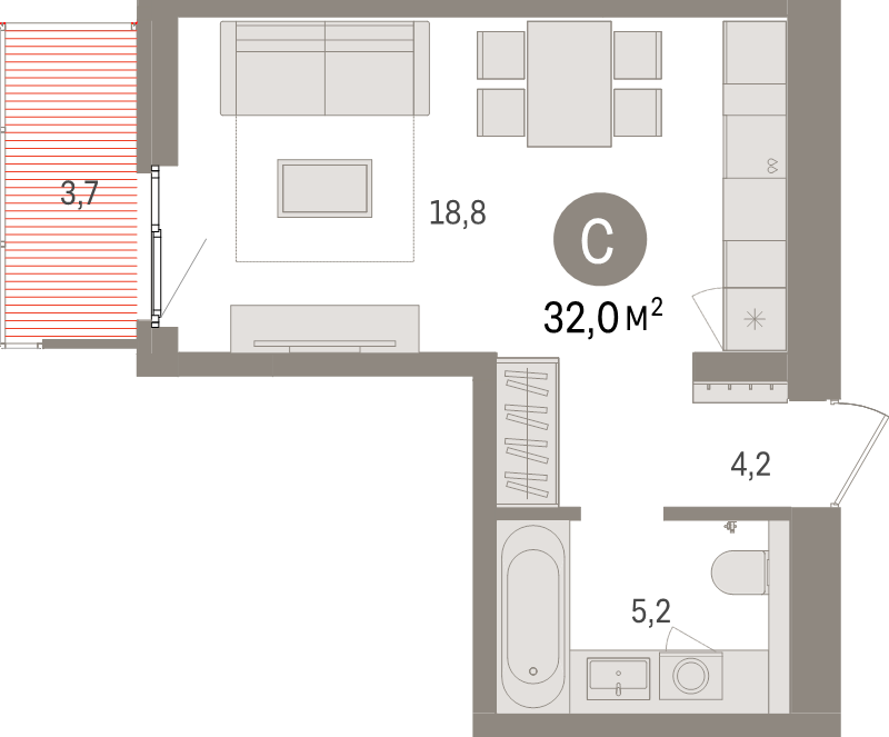Квартира-студия, 32 м² - планировка, фото №1
