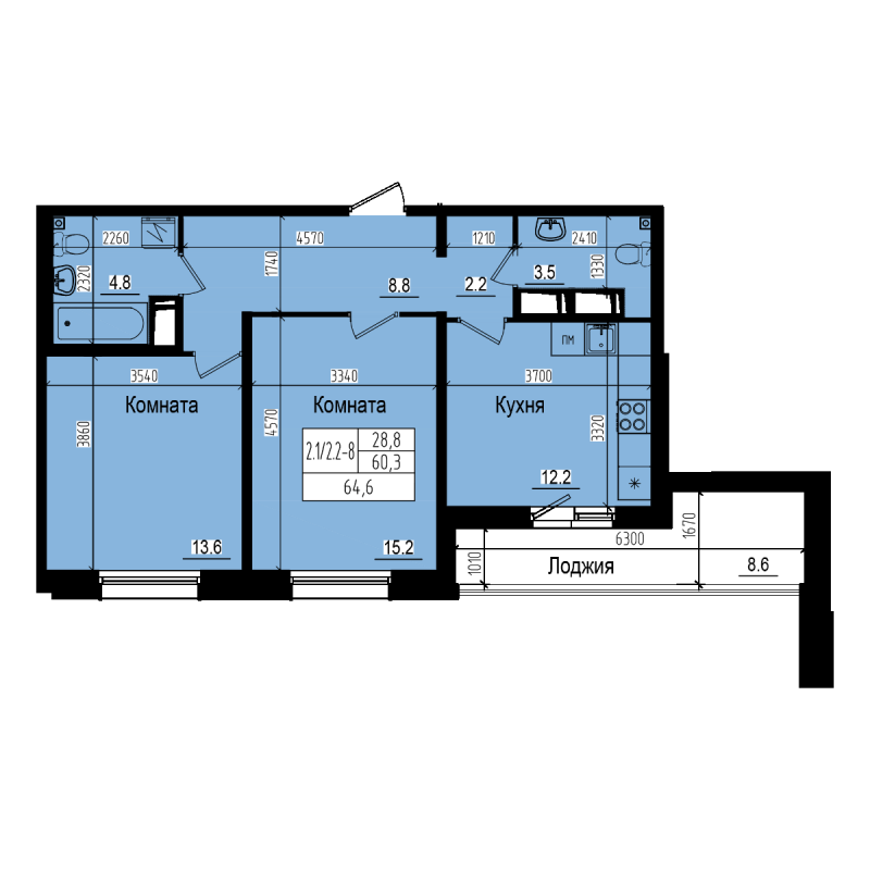 2-комнатная квартира, 64.6 м² - планировка, фото №1