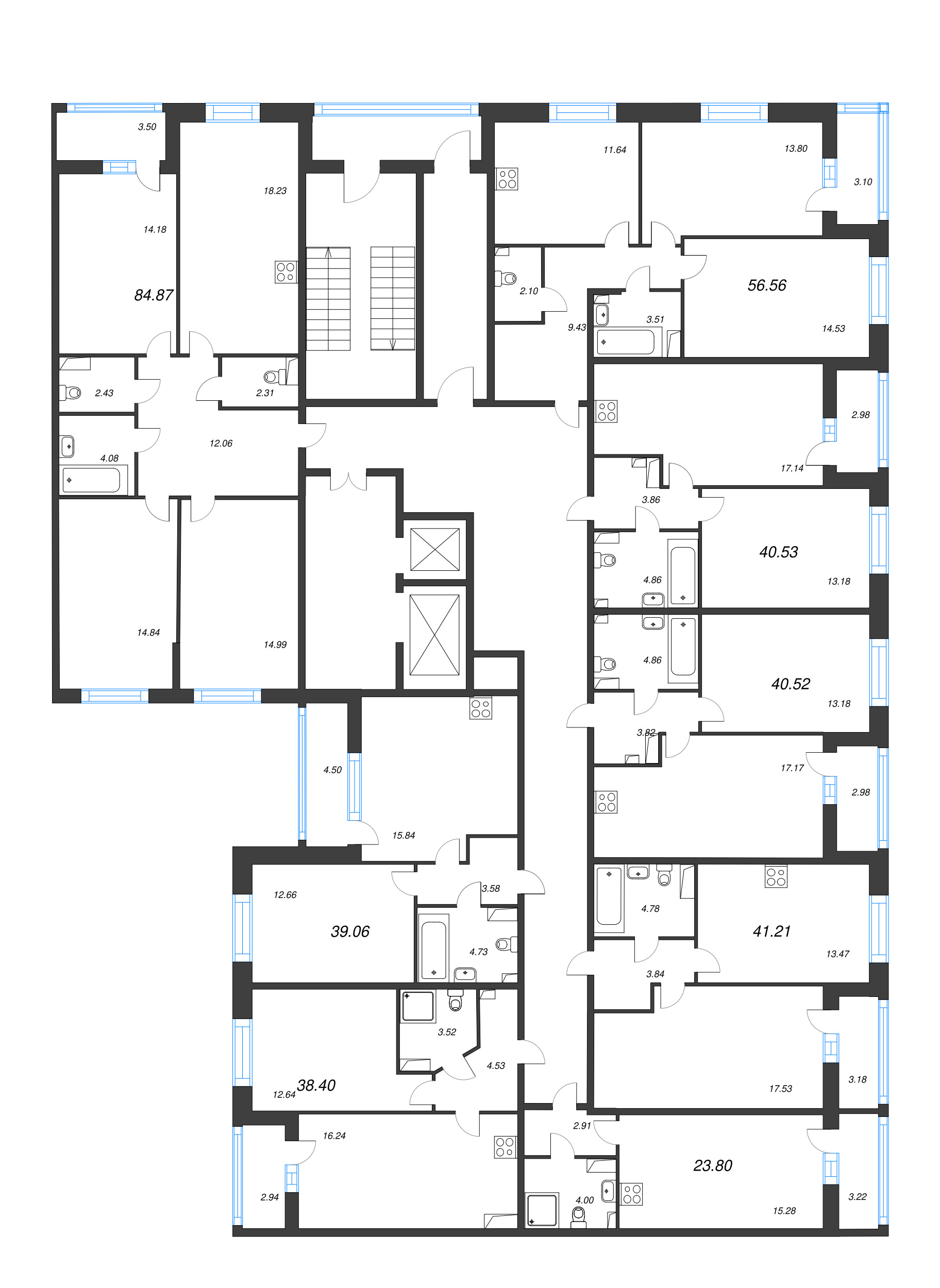 2-комнатная (Евро) квартира, 38.4 м² в ЖК "Аквилон Leaves" - планировка этажа