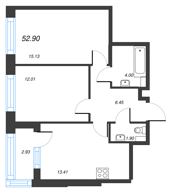 2-комнатная квартира, 52.9 м² в ЖК "Б15" - планировка, фото №1