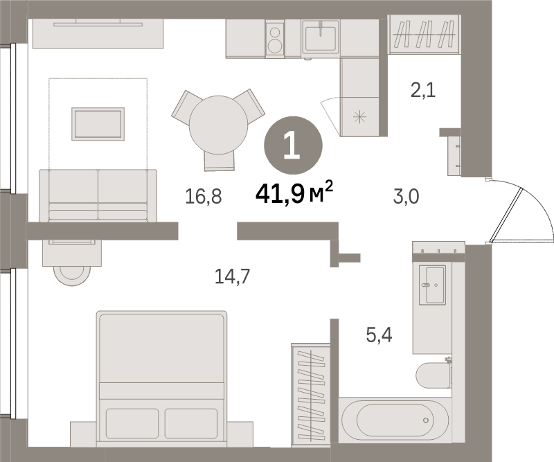 2-комнатная (Евро) квартира, 41.9 м² в ЖК "Северный ветер" - планировка, фото №1