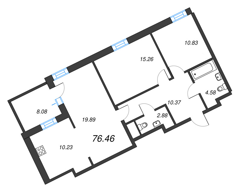 3-комнатная (Евро) квартира, 76.46 м² в ЖК "Рощино Residence" - планировка, фото №1