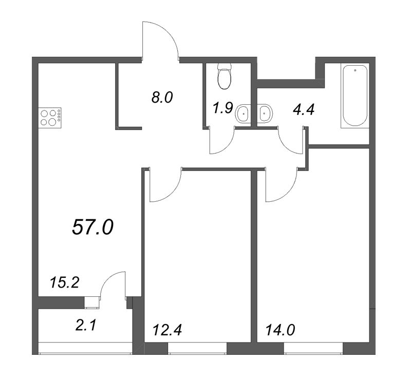3-комнатная (Евро) квартира, 57 м² - планировка, фото №1