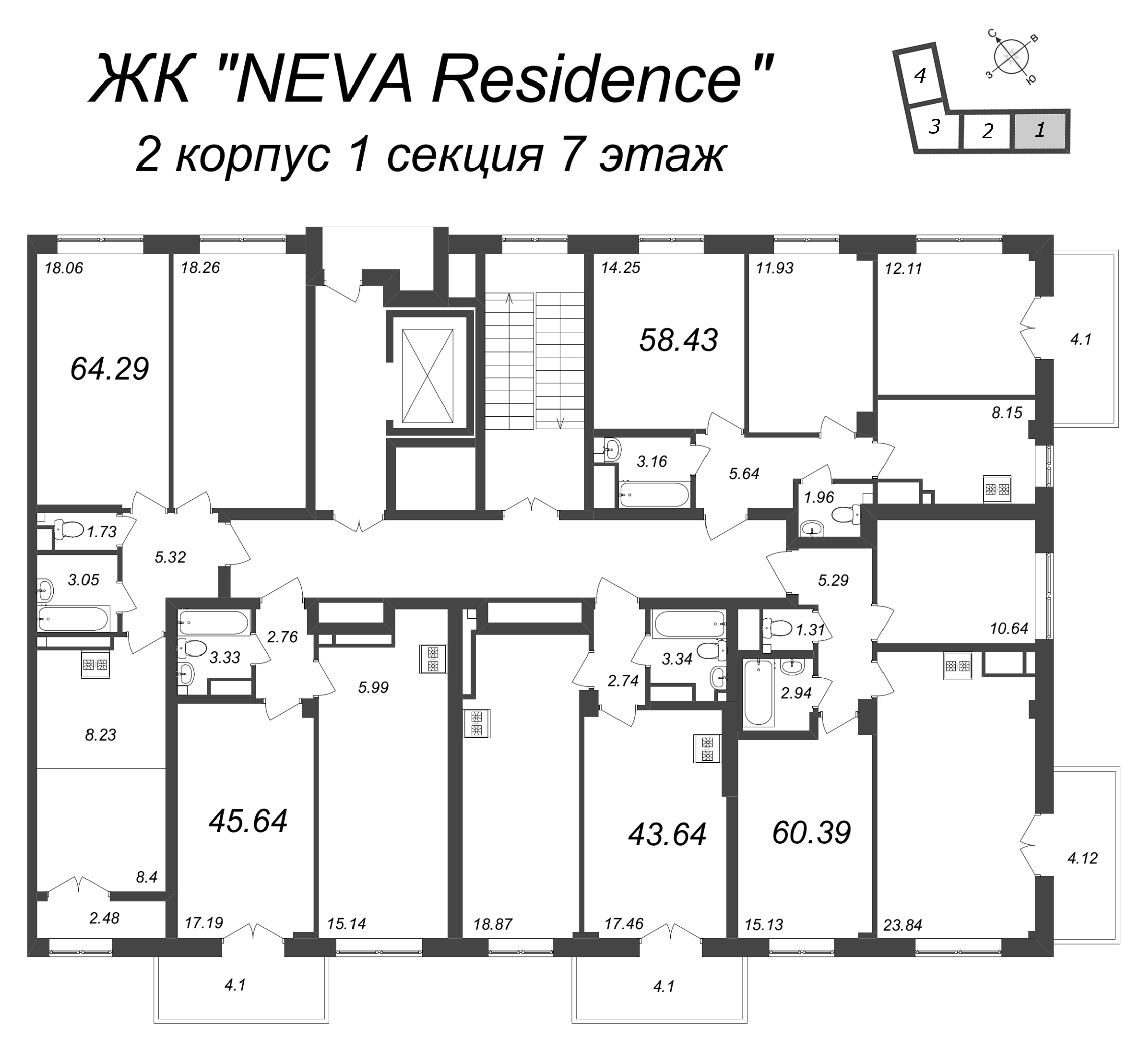 3-комнатная (Евро) квартира, 64.29 м² - планировка этажа