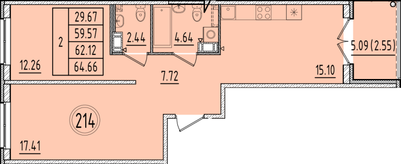3-комнатная (Евро) квартира, 59.57 м² в ЖК "Образцовый квартал 6.4" - планировка, фото №1
