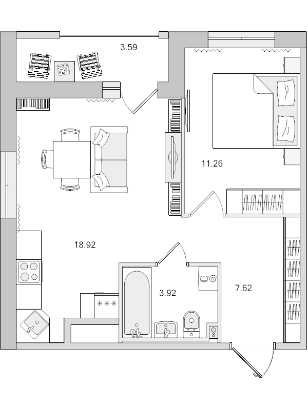 2-комнатная (Евро) квартира, 45.31 м² в ЖК "Город Первых" - планировка, фото №1
