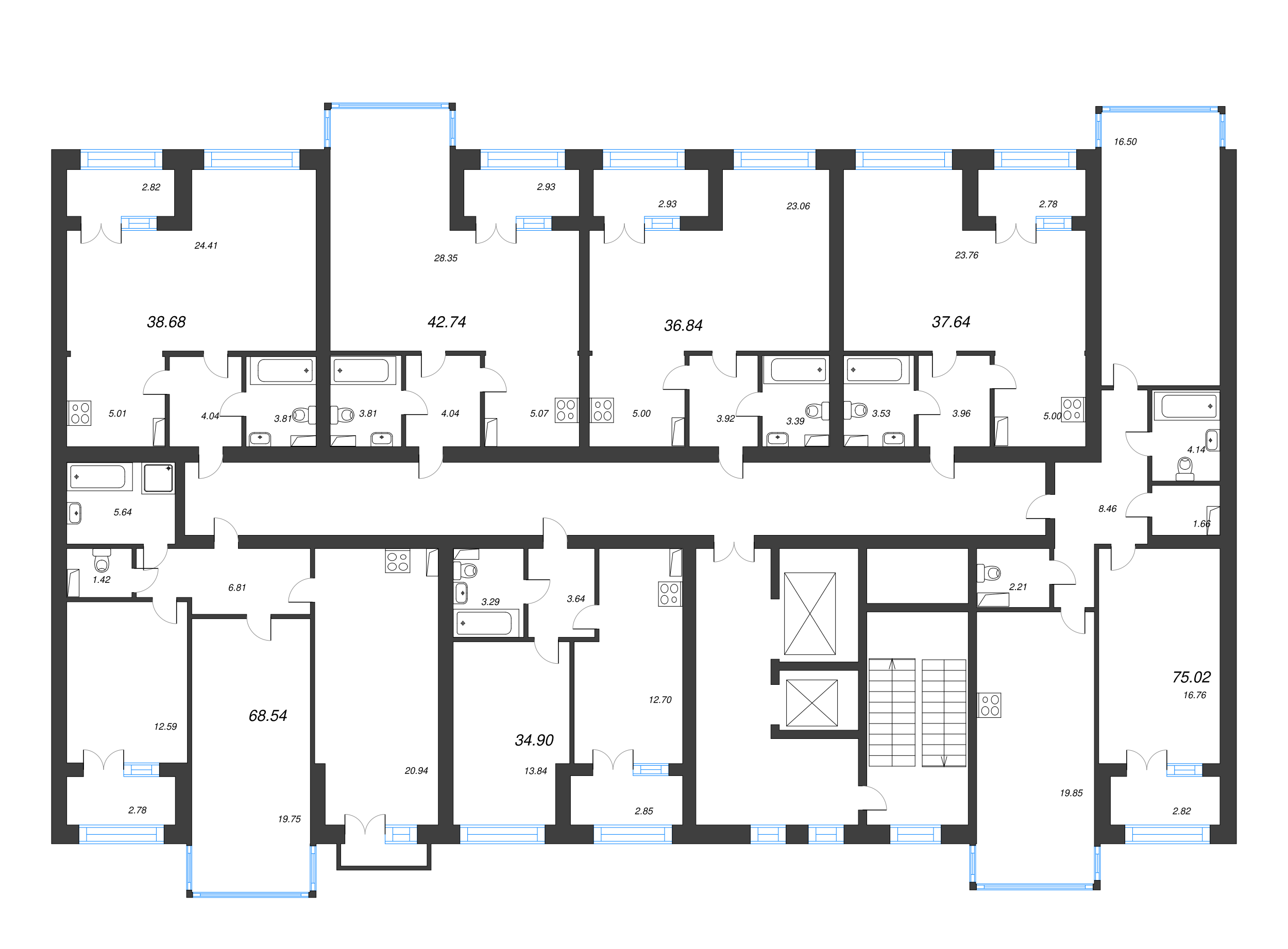 1-комнатная квартира, 38.68 м² - планировка этажа