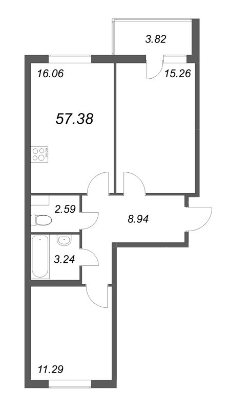 3-комнатная (Евро) квартира, 57.38 м² - планировка, фото №1