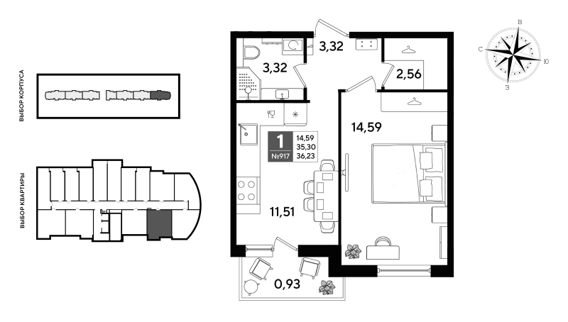 1-комнатная квартира, 36.23 м² в ЖК "Догма Юкки" - планировка, фото №1