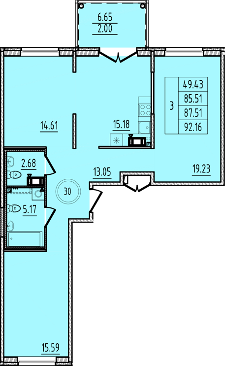 3-комнатная квартира, 85.51 м² - планировка, фото №1