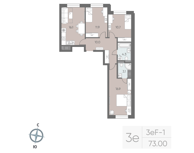 4-комнатная (Евро) квартира, 73 м² в ЖК "Большая Охта" - планировка, фото №1