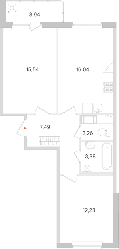 3-комнатная (Евро) квартира, 56.94 м² в ЖК "Ясно.Янино" - планировка, фото №1