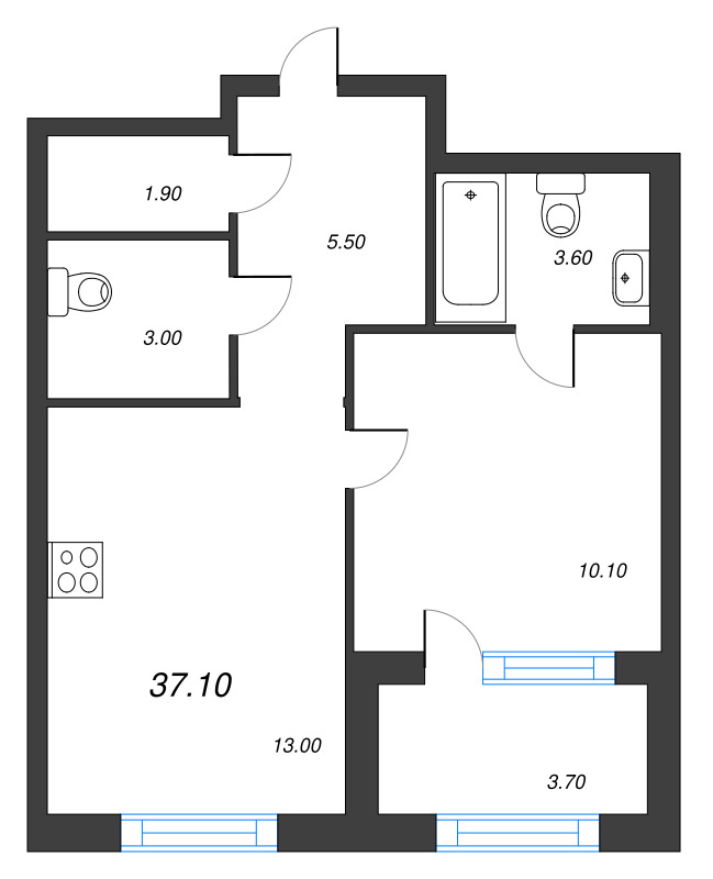 1-комнатная квартира, 37.1 м² в ЖК "Струны" - планировка, фото №1