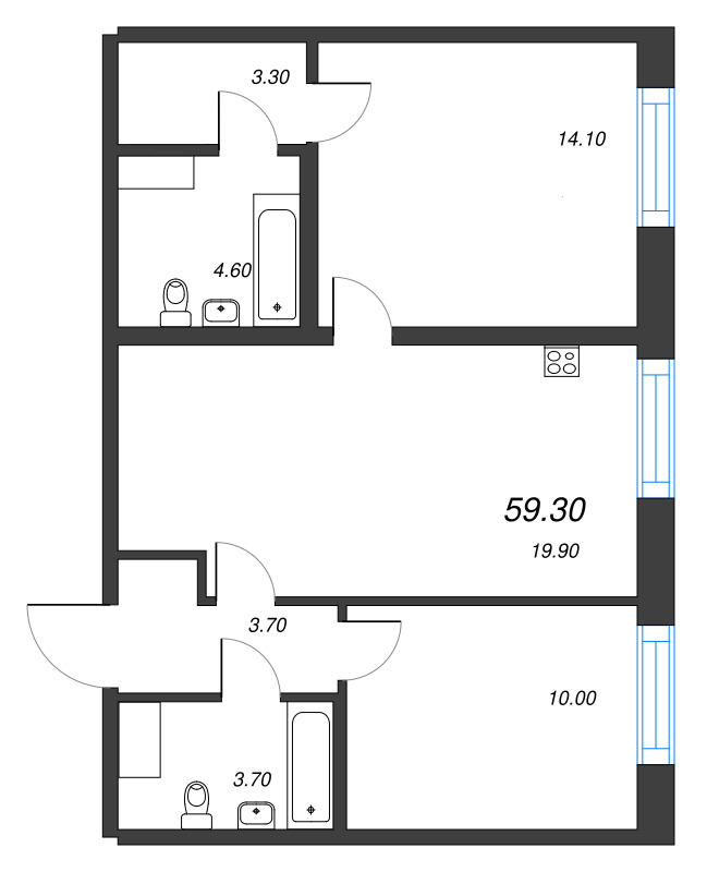 3-комнатная (Евро) квартира, 59.3 м² в ЖК "Парусная 1" - планировка, фото №1