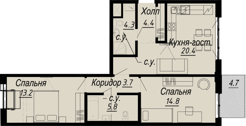 3-комнатная (Евро) квартира, 68 м² - планировка, фото №1