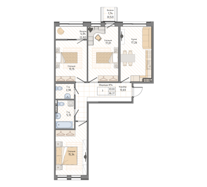 3-комнатная квартира, 86.37 м² в ЖК "Мануфактура James Beck" - планировка, фото №1