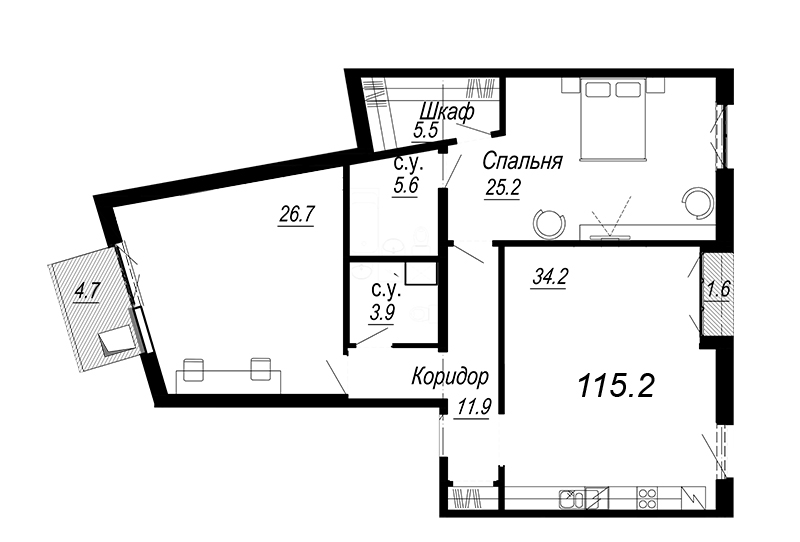 2-комнатная квартира, 117.61 м² - планировка, фото №1