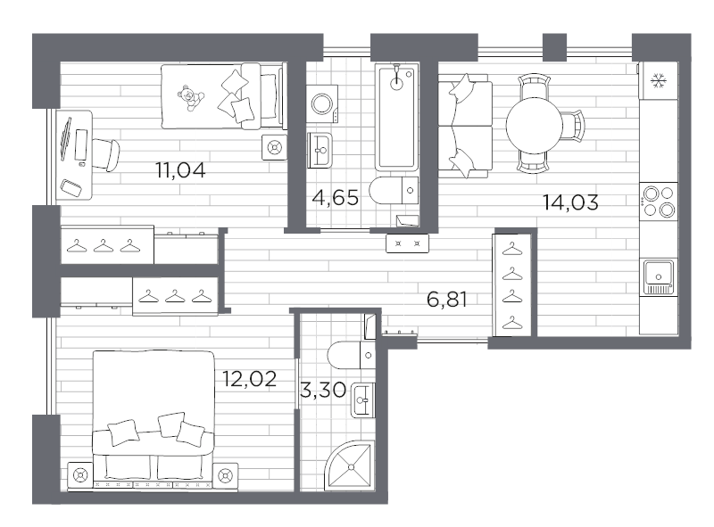2-комнатная квартира, 51.85 м² в ЖК "Сезоны" - планировка, фото №1