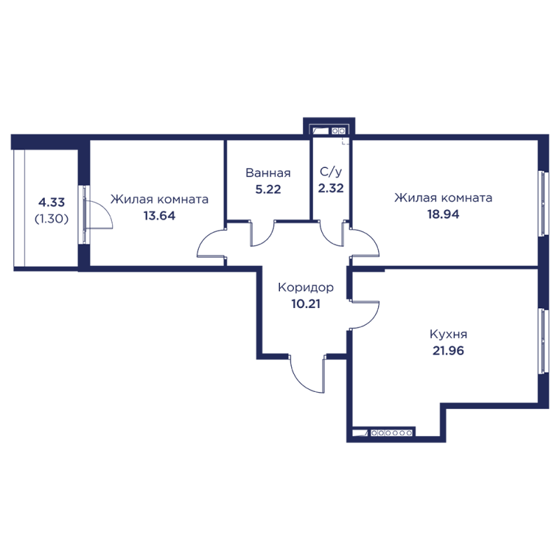3-комнатная (Евро) квартира, 73.59 м² в ЖК "Кронфорт. Центральный" - планировка, фото №1