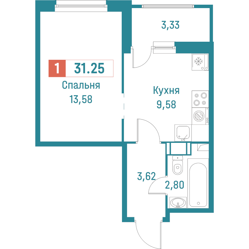 1-комнатная квартира, 31.25 м² в ЖК "Графика" - планировка, фото №1