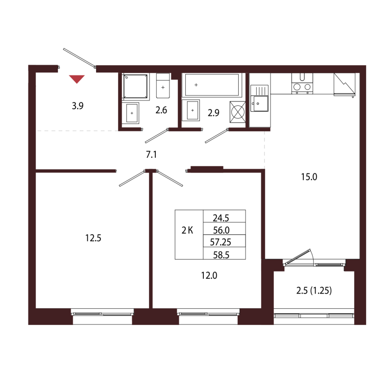 3-комнатная (Евро) квартира, 57.25 м² в ЖК "Лисино" - планировка, фото №1