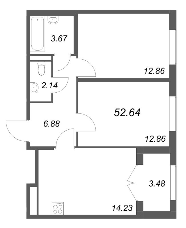 2-комнатная квартира, 52.64 м² в ЖК "Дубровский" - планировка, фото №1
