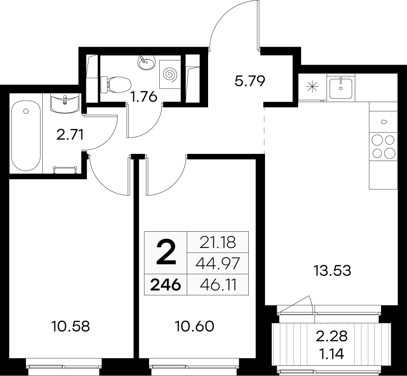 2-комнатная квартира, 46.11 м² в ЖК "GloraX Новоселье" - планировка, фото №1