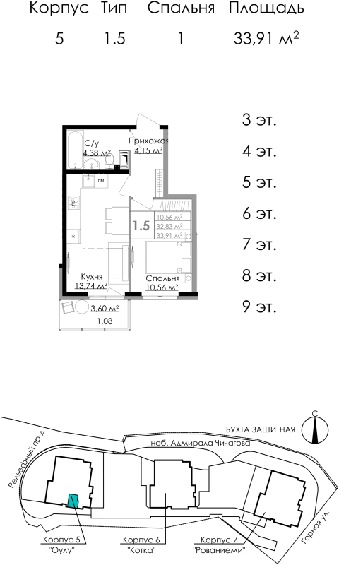 1-комнатная квартира, 33.34 м² в ЖК "Малая Финляндия" - планировка, фото №1