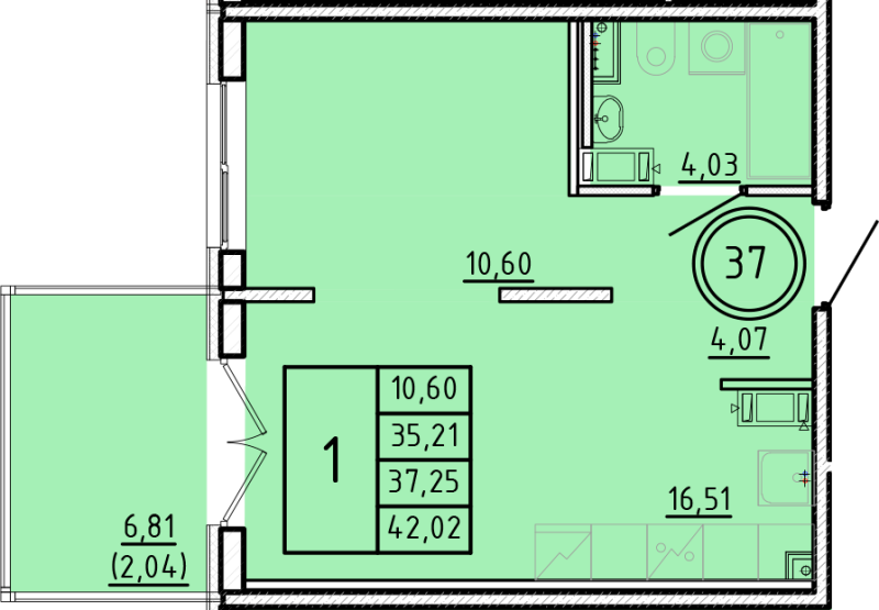 2-комнатная (Евро) квартира, 35.21 м² в ЖК "Образцовый квартал 16" - планировка, фото №1