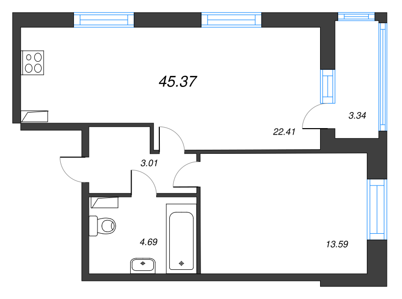 2-комнатная (Евро) квартира, 45.37 м² - планировка, фото №1