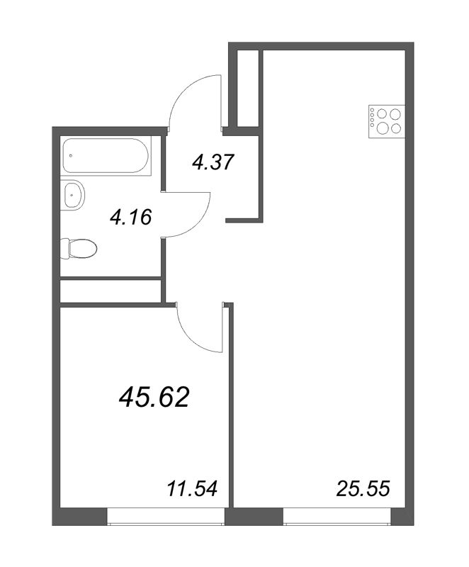 2-комнатная (Евро) квартира, 45.62 м² в ЖК "GloraX Василеостровский" - планировка, фото №1