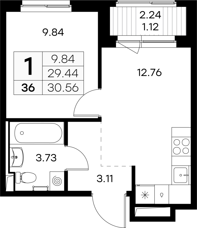 1-комнатная квартира, 30.56 м² - планировка, фото №1