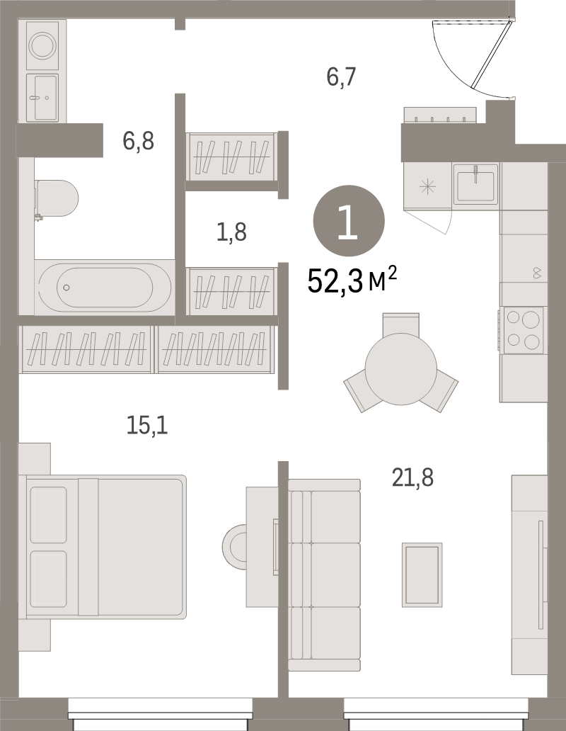 2-комнатная (Евро) квартира, 52.2 м² в ЖК "Северный ветер" - планировка, фото №1