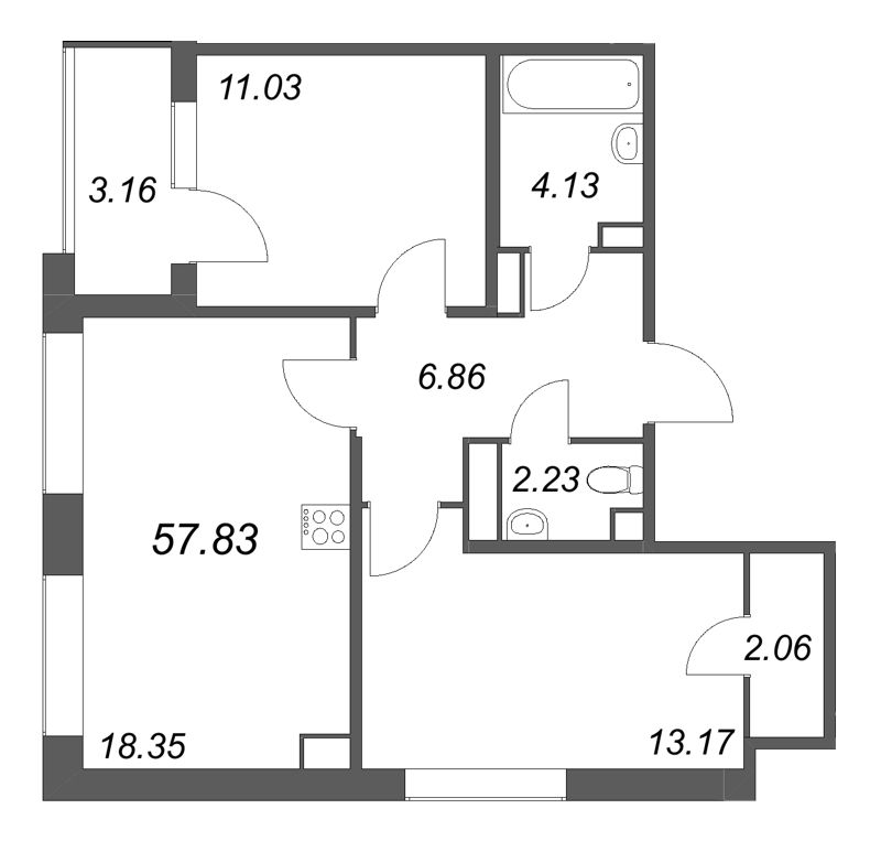 3-комнатная (Евро) квартира, 57.83 м² в ЖК "Дом на Курской" - планировка, фото №1
