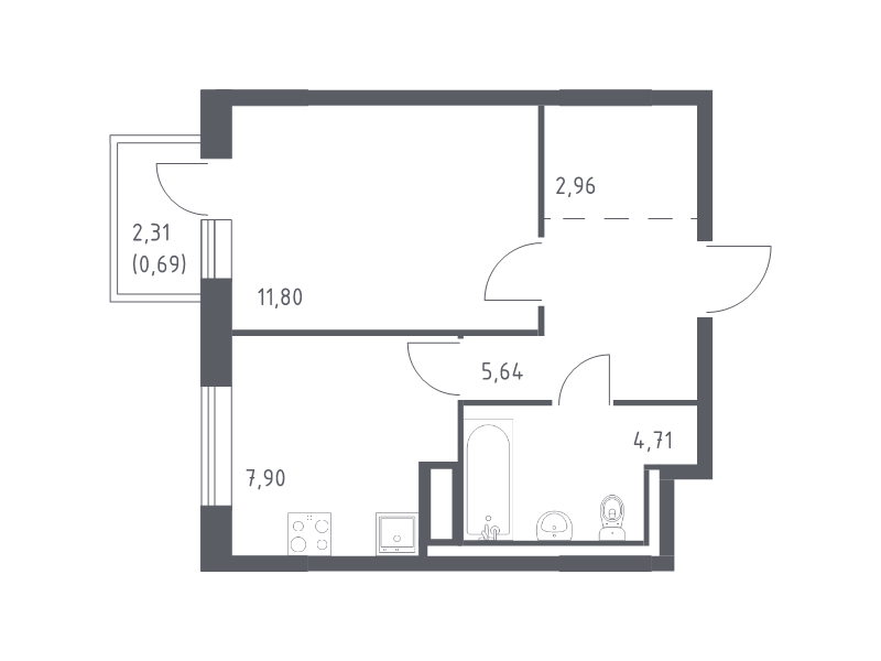1-комнатная квартира, 33.7 м² в ЖК "Квартал Лаголово" - планировка, фото №1