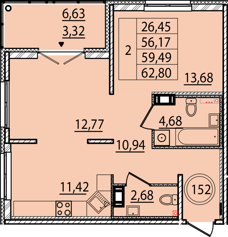 2-комнатная квартира, 56.17 м² - планировка, фото №1