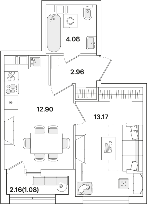 1-комнатная квартира, 34.19 м² - планировка, фото №1