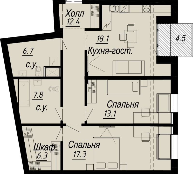 2-комнатная квартира, 84 м² - планировка, фото №1