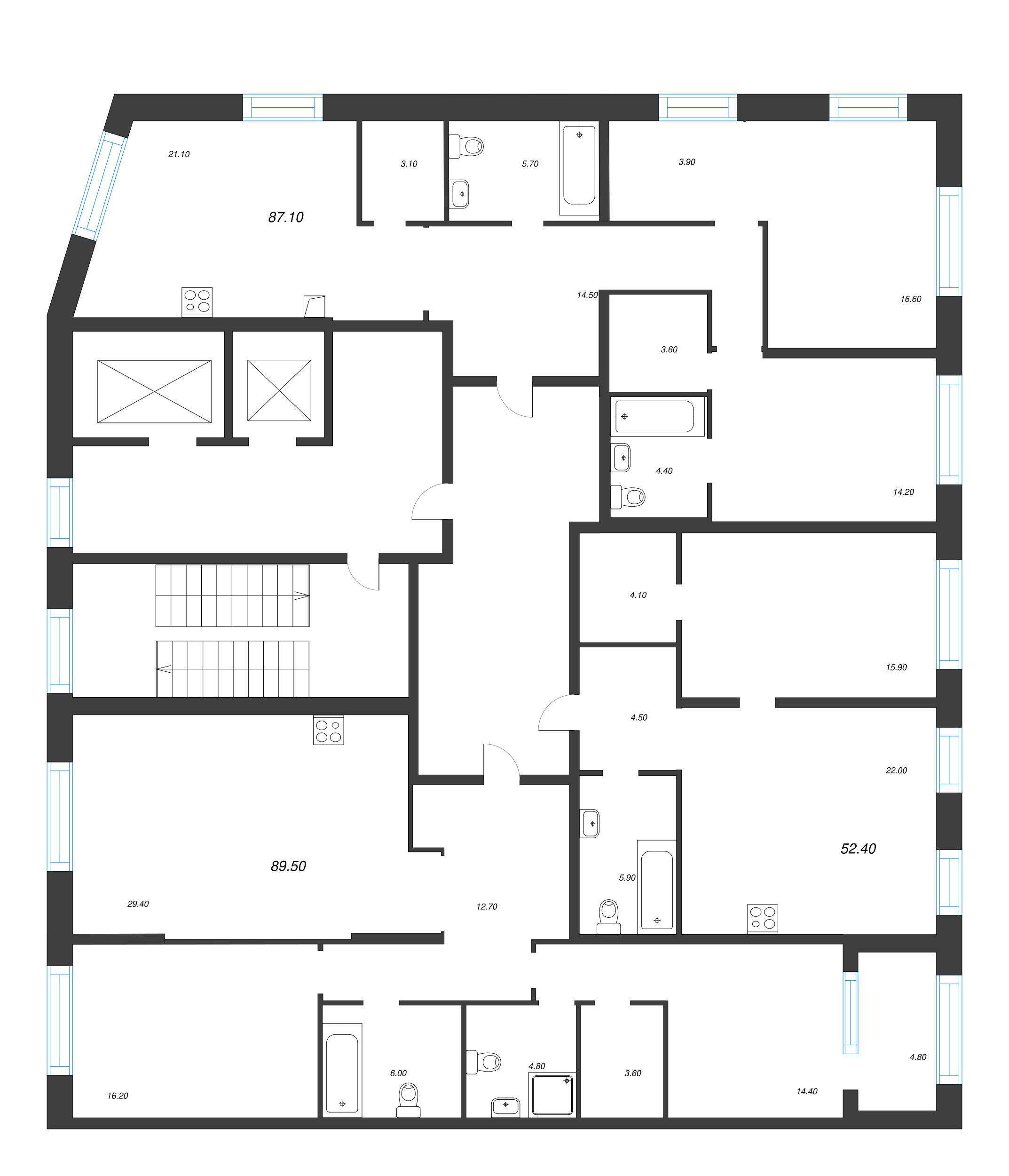 2-комнатная (Евро) квартира, 52.4 м² - планировка этажа