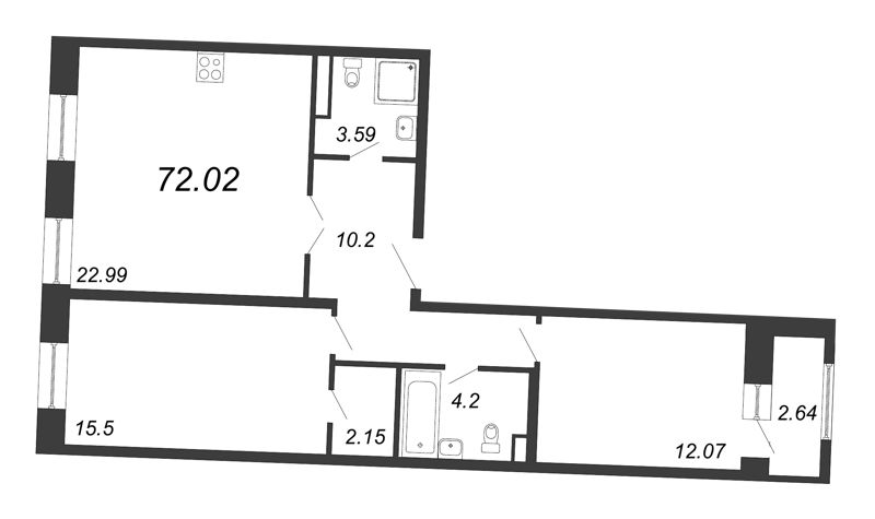 3-комнатная (Евро) квартира, 72.02 м² - планировка, фото №1