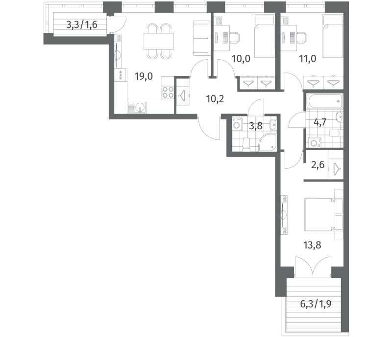 4-комнатная (Евро) квартира, 78.55 м² в ЖК "Новый Питер" - планировка, фото №1