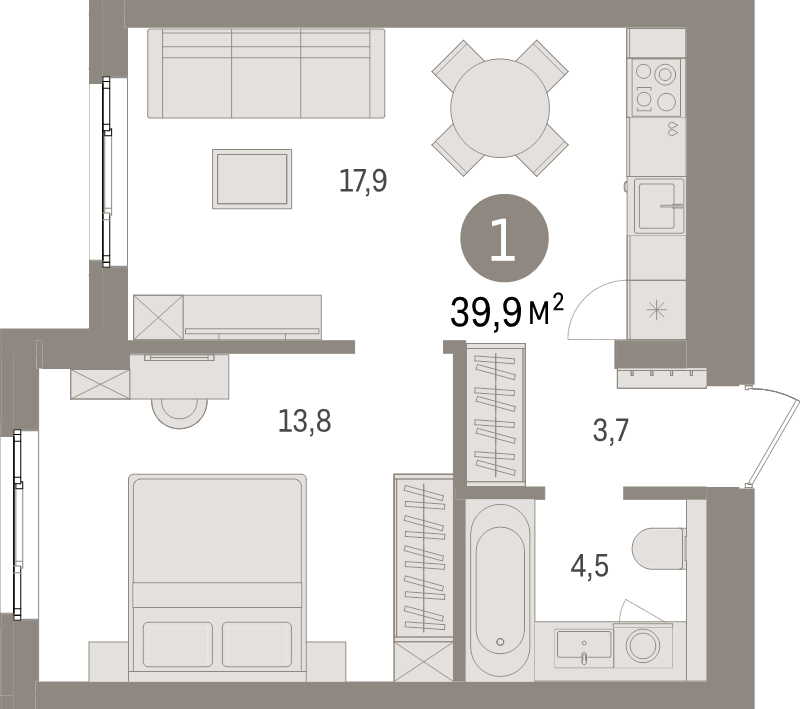 2-комнатная (Евро) квартира, 39.9 м² - планировка, фото №1